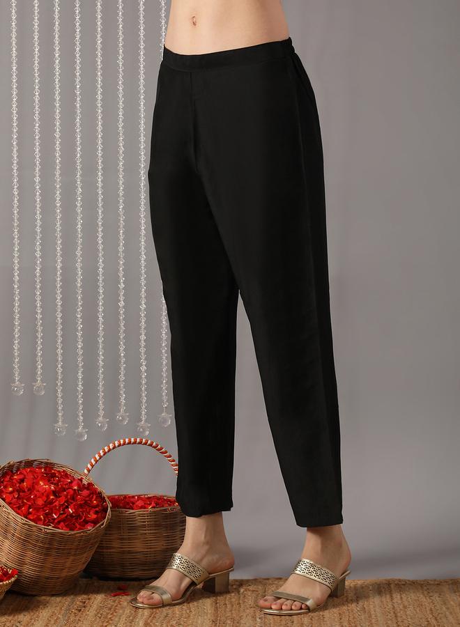 globus Women Black V-Neck Embroidered Gold Foil Kurta with Pant and Dupatta Set - Image 4